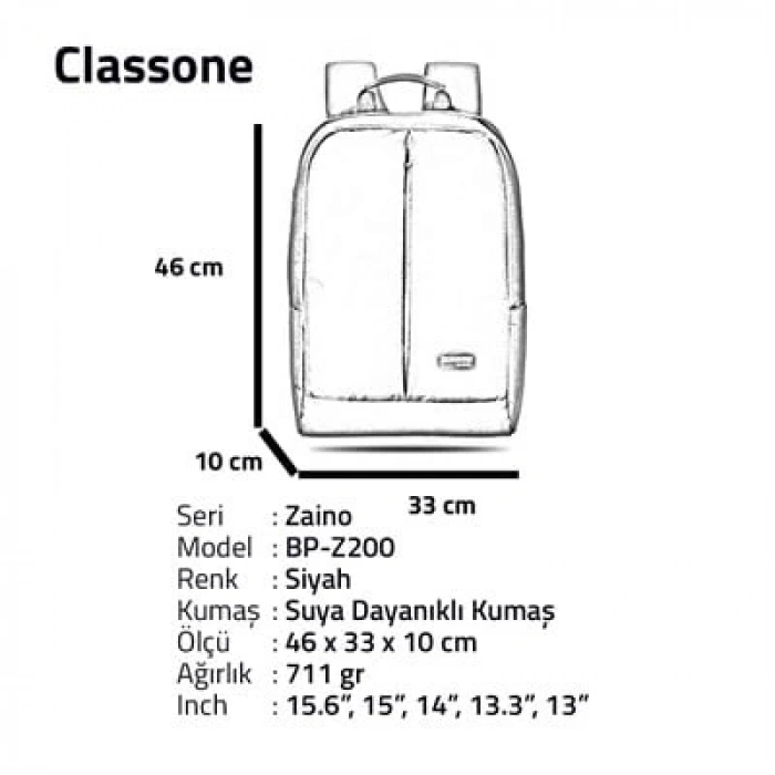 Classone Z Serisi BP-Z200 15.6 Notebook Sırt Çantası -Siyah