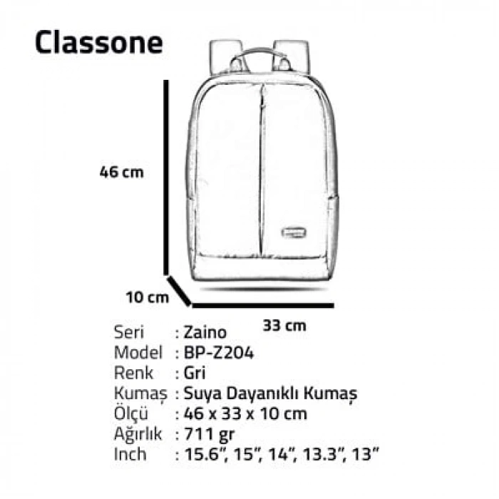 Classone Z Serisi BP-Z204 15.6 Notebook Sırt Çantası -Gri