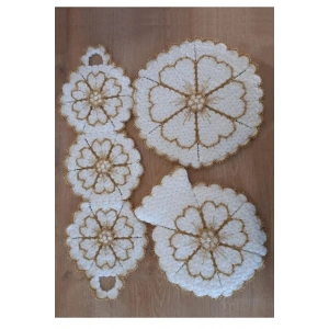 Çeyizlik El Örgüsü 3lü Lif Seti Kalpli Gold Simli Beyaz