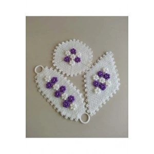 Çeyizlik Eflatun Puf Çiçekli 3lü Lif Seti