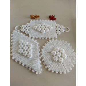 Çeyizlik Beyaz Puf Çiçekli 3lü Lİf Seti