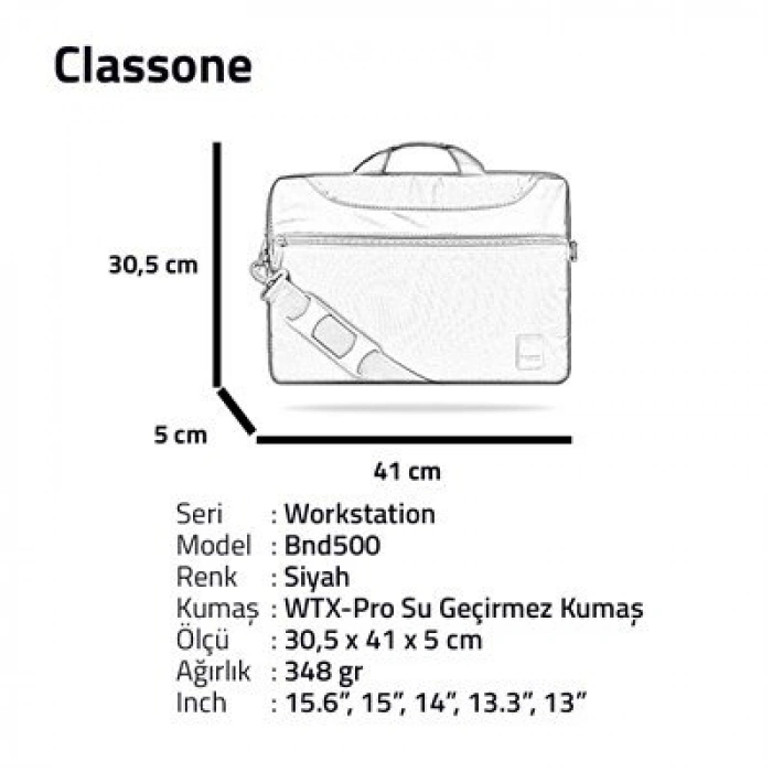 Classone BND500 WorkStation 15.6 inch WTXpro Su geçirmez Kumaş, Macbook ,Mac Air Notebook Laptop Çantası -Siyah