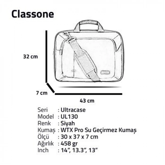 Classone UL130 WTXpro Su Geçirmez Kumaş Ultracase Serisi-13 -14 inch Uyumlu- Siyah
