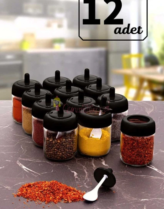 12 Adet Kapağı Kendinden Kaşıklı 200 Ml Cam Baharatlık Seti Siyah