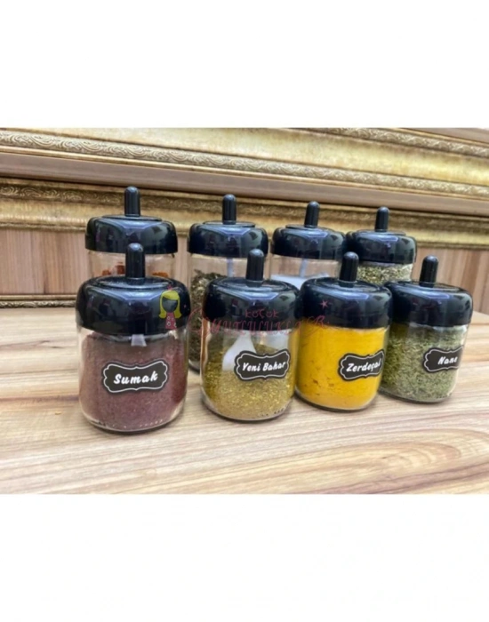 12 Adet Kapağı Kendinden Kaşıklı 200 Ml Cam Baharatlık Seti Siyah