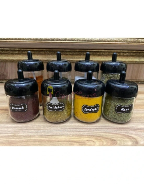 12 Adet Kapağı Kendinden Kaşıklı 200 Ml Cam Baharatlık Seti Siyah