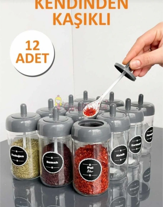 12 Adet Kendinden Kaşıklı Cam Baharat Seti 300 ml (Baharat Etiketli  Hediyeli ) FÜME