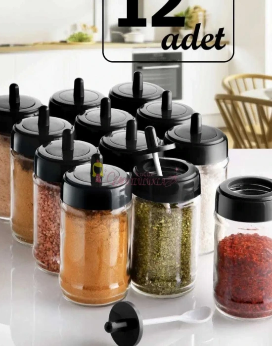 12 Adet Kendinden Kaşıklı Cam Baharat Seti 300 ml (Baharat Etiketli  Hediyeli )  (SIYAH)