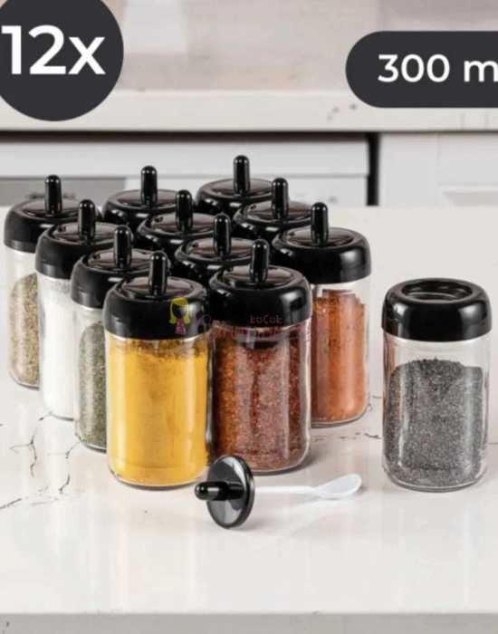 12 Adet Kendinden Kaşıklı Cam Baharat Seti 300 ml (Baharat Etiketli  Hediyeli )  (SIYAH)