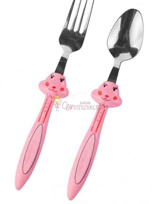 2 Li Hayvan Figürlü Bebek Kaşık Çatal Mama Seti
