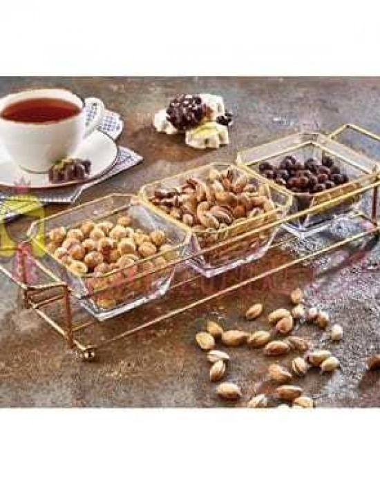 3 Bölmeli Gold Standlı Cam Kahvaltılık Çerezlik