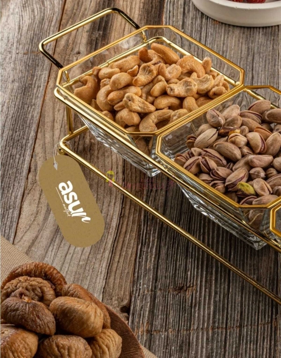 3 Bölmeli Gold Standlı Cam Kahvaltılık Çerezlik