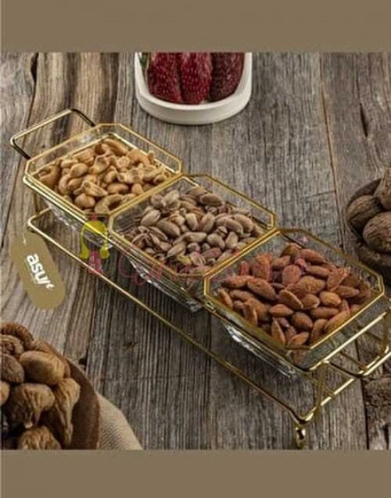 3 Bölmeli Gold Standlı Cam Kahvaltılık Çerezlik
