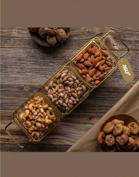 3 Bölmeli Gold Standlı Cam Kahvaltılık Çerezlik