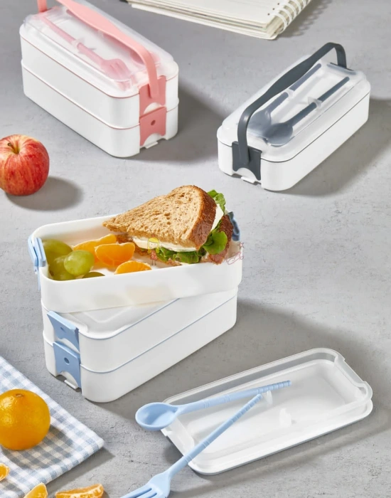 3 Katlı Taşınabilir Yemek Kabı – Lunch Box Diyet Beslenme Saklama Kabı Çatal Kaşıklı