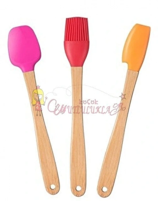 3lü Renkli Bambu Saplı Silikon Uçlu Spatula Fırçalı Kaşık Seti