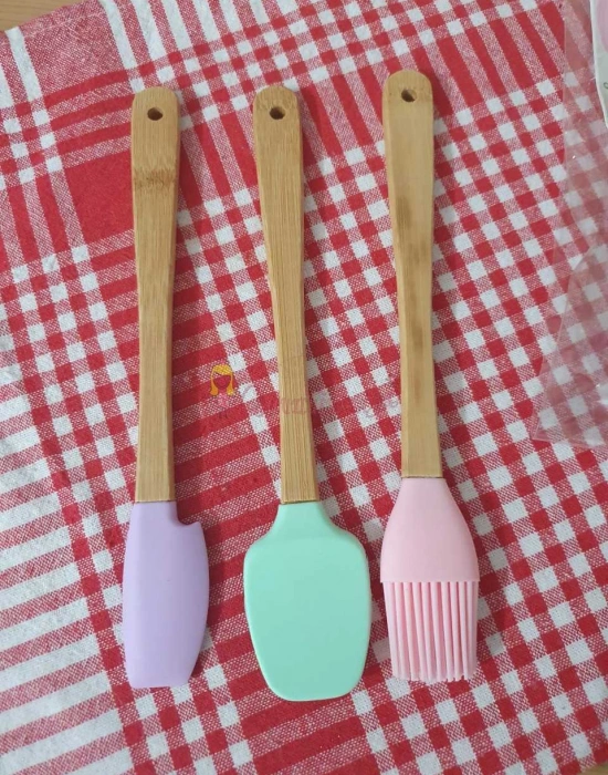 3lü Renkli Bambu Saplı Silikon Uçlu Spatula Fırçalı Kaşık Seti