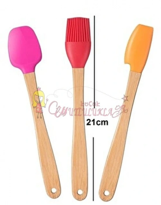 3lü Renkli Bambu Saplı Silikon Uçlu Spatula Fırçalı Kaşık Seti