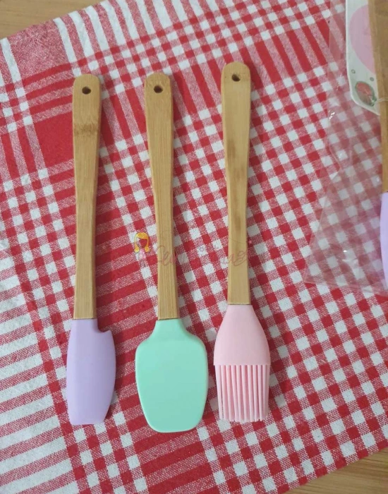3lü Renkli Bambu Saplı Silikon Uçlu Spatula Fırçalı Kaşık Seti