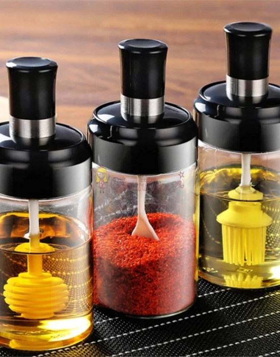 3lü Trend Silikon Fırçalı Yağlık Kaşıklı Cam Baharatlık Kaşıklı Bal Kavanozu