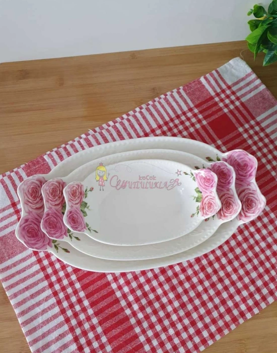 3lu cicekli salta kasesi kayık tabak derin