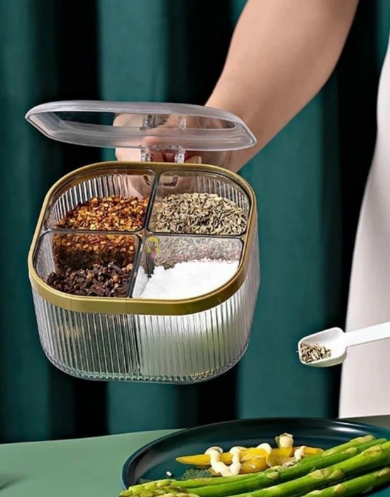 4 Bölmeli Gold Detaylı Kaşıklı Baharatlık Kapaklı