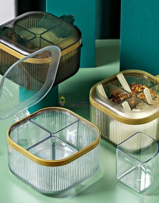 4 Bölmeli Gold Detaylı Kaşıklı Baharatlık Kapaklı