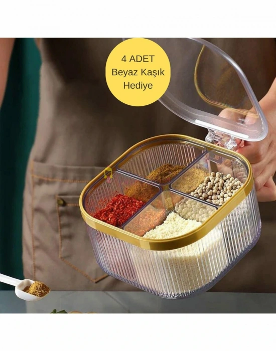 4 Bölmeli Gold Detaylı Kaşıklı Baharatlık Kapaklı
