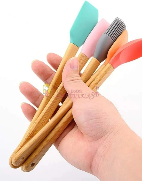 5 Parça Silikon Spatula Kaşık Fırça Seti - Bambu Saplı
