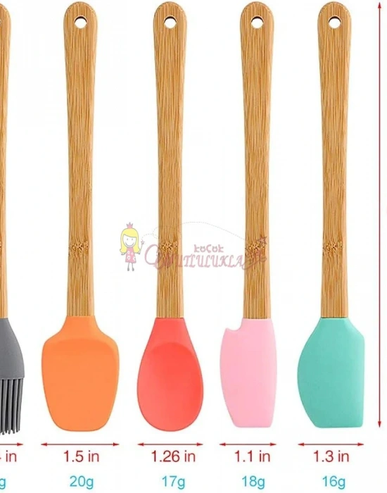 5 Parça Silikon Spatula Kaşık Fırça Seti - Bambu Saplı