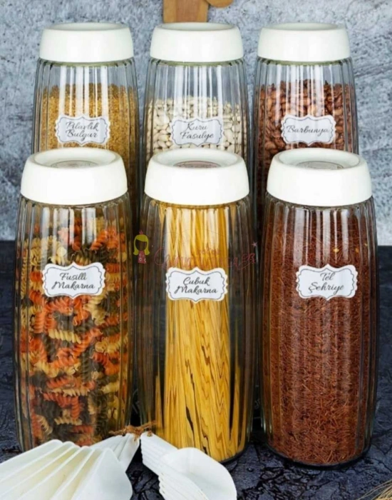 6 Adet Mega Boy Çizgili Kavanoz Seti 1600 ML 60Lı Baharat Etiketi Hediyeli