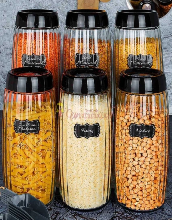 6 Adet Mega Boy Çizgili Kavanoz Seti 1600 ML 60Lı Baharat Etiketi Hediyeli