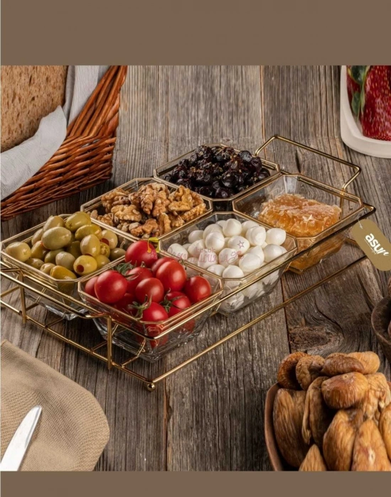 6 Bölmeli Gold Standlı Cam Kahvaltılık Çerezlik Sunumluk