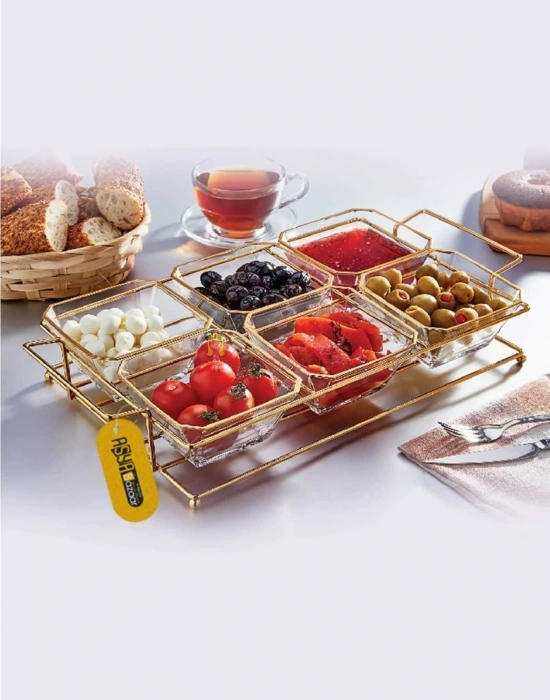 6 Bölmeli Gold Standlı Cam Kahvaltılık Çerezlik Sunumluk
