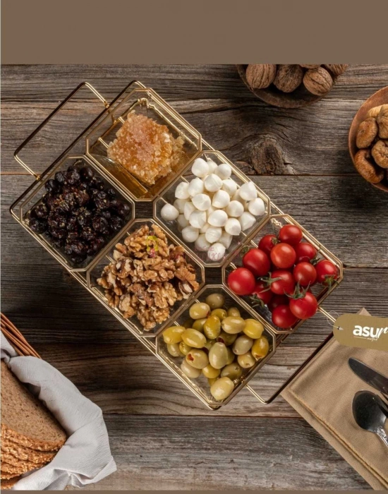 6 Bölmeli Gold Standlı Cam Kahvaltılık Çerezlik Sunumluk