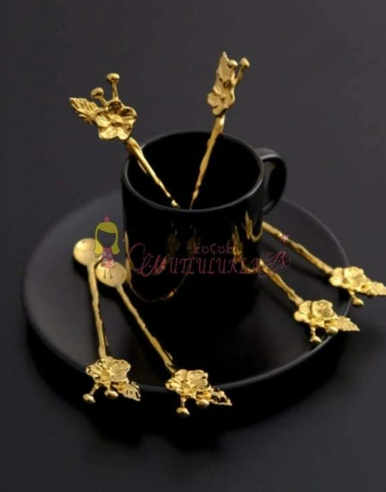 6 Kişilik Lüx Çay Kaşığı Gold / Gümüş Japon Gülü 