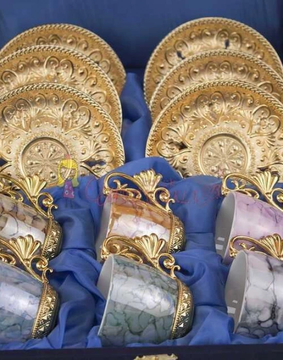 6 Kişilik Renkli Desenli Kahve Fincan Seti