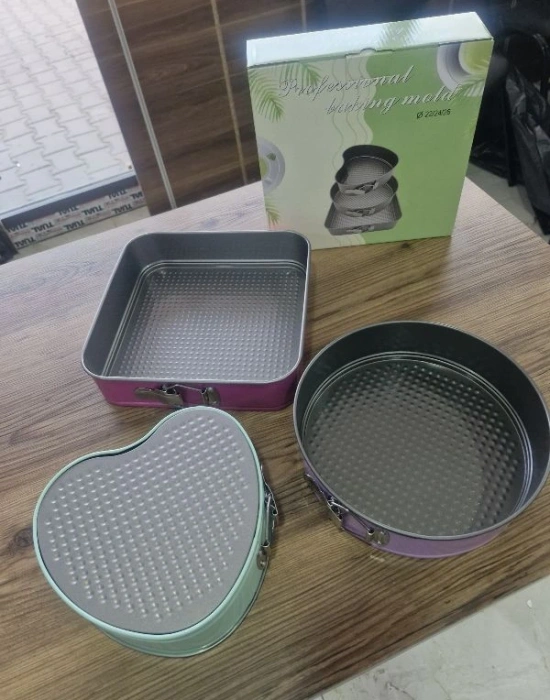 3Lü Set Kelepçeli Kek Kalıbı Kalp Yuvarlak Kare
