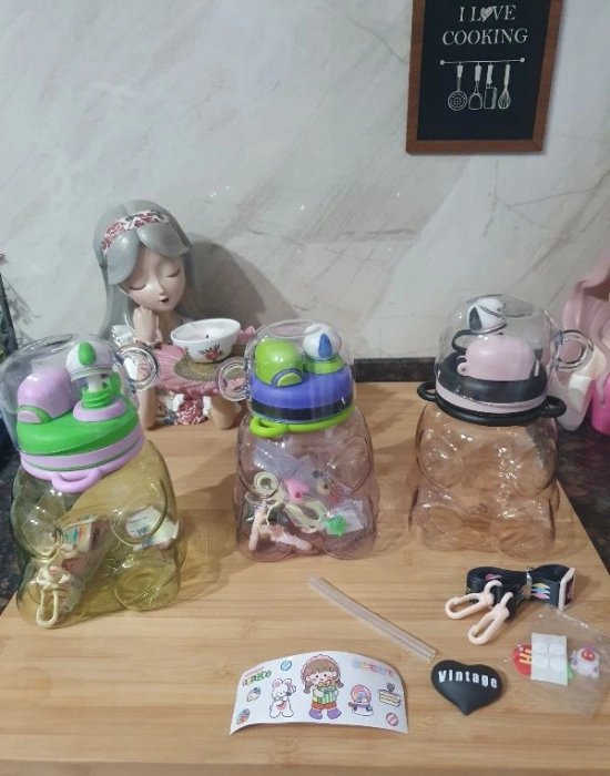 Bardaklı Çift Ağızlı Şeffaf Ayıcık Matara 1100 Ml