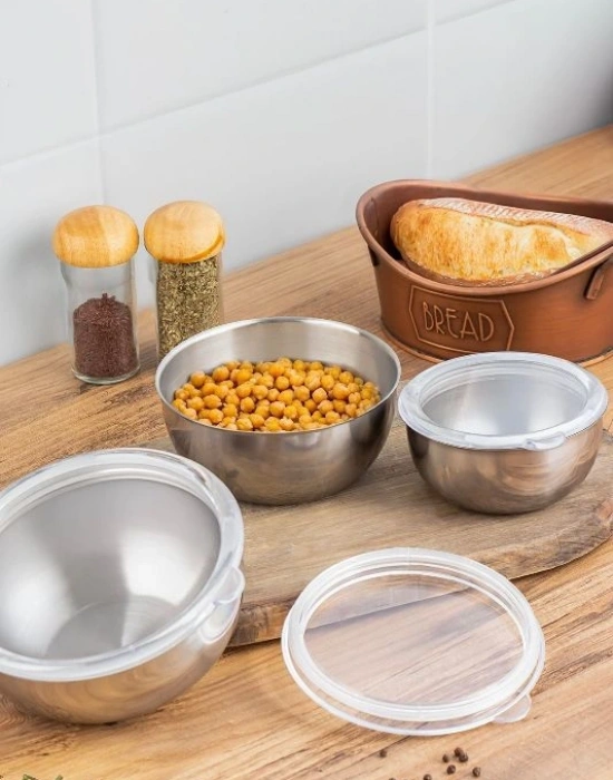 3Lü Şeffaf Sızdırmaz Kapaklı Paslanmaz Çelik Saklama Kabı 12-14-16 Cm