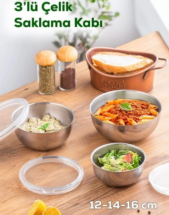 3Lü Şeffaf Sızdırmaz Kapaklı Paslanmaz Çelik Saklama Kabı 12-14-16 Cm
