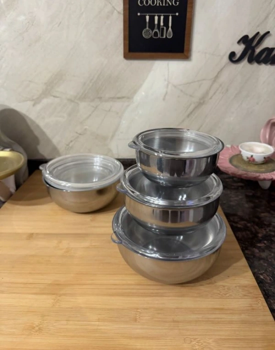 3Lü Şeffaf Sızdırmaz Kapaklı Paslanmaz Çelik Saklama Kabı 12-14-16 Cm