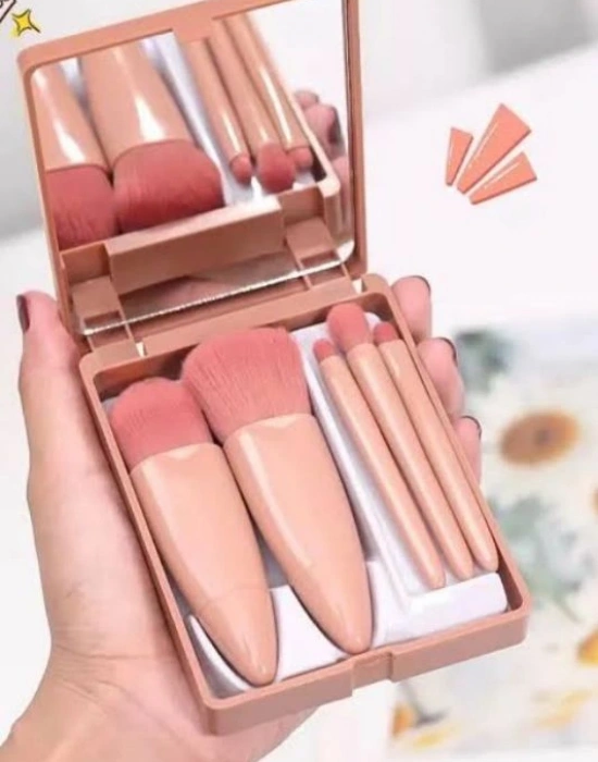 Aynalı Makyaj Fırçası Seyahat Seti Pembe