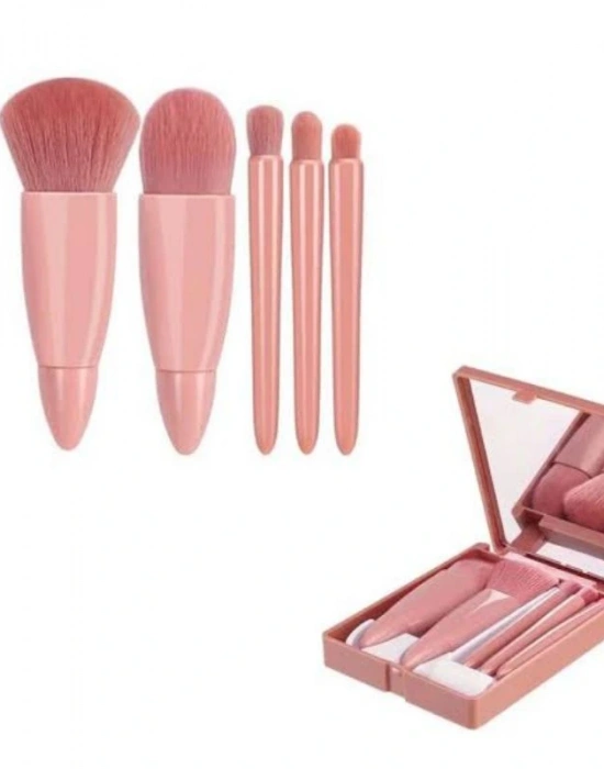 Aynalı Makyaj Fırçası Seyahat Seti Pembe