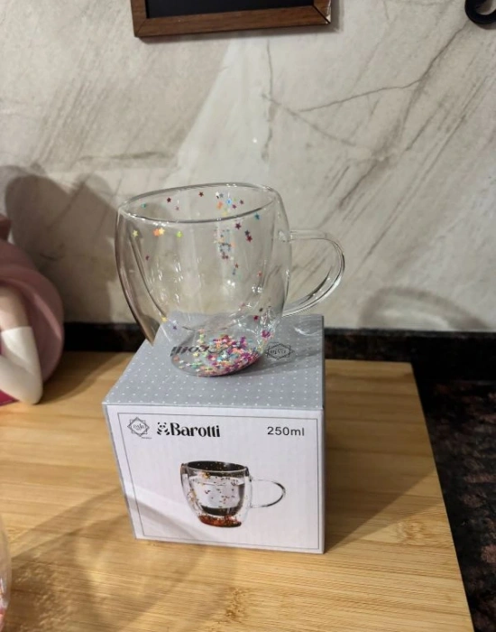 Çift Cidarlı Kulplu Süslü Cam Bardak