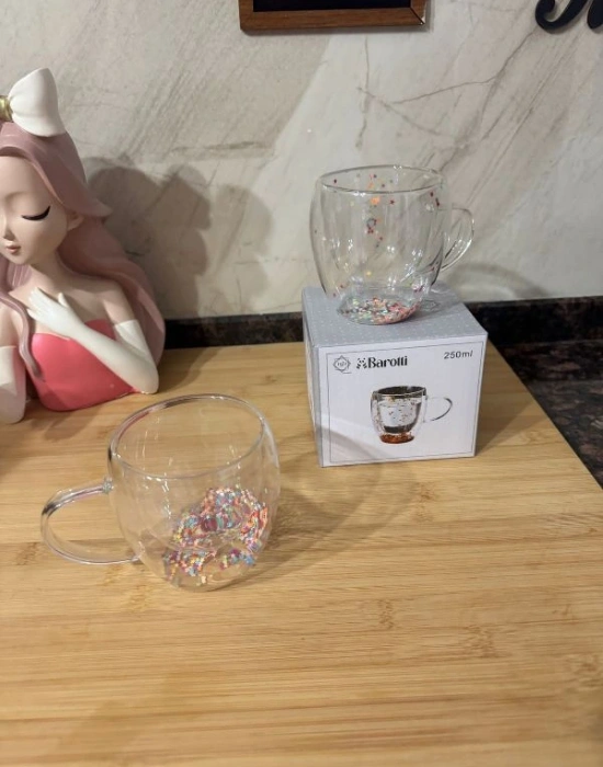 Çift Cidarlı Kulplu Süslü Cam Bardak