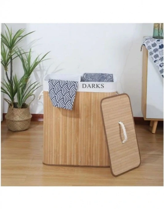 Katlanabilir Kirli Çamaşır Sepeti Kapaklı Yıkanabilir Astar 32x52x60 Siyah-Beyaz Kirli-Temiz Bambu ÇamasIr Sepeti