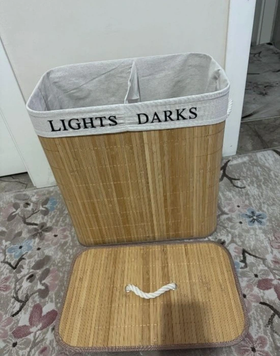 Katlanabilir Kirli Çamaşır Sepeti Kapaklı Yıkanabilir Astar 32x52x60 Siyah-Beyaz Kirli-Temiz Bambu ÇamasIr Sepeti