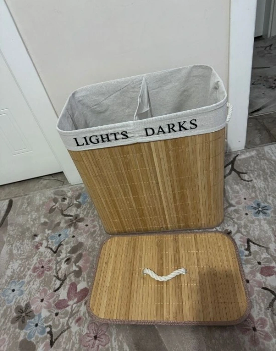 Katlanabilir Kirli Çamaşır Sepeti Kapaklı Yıkanabilir Astar 32x52x60 Siyah-Beyaz Kirli-Temiz Bambu ÇamasIr Sepeti