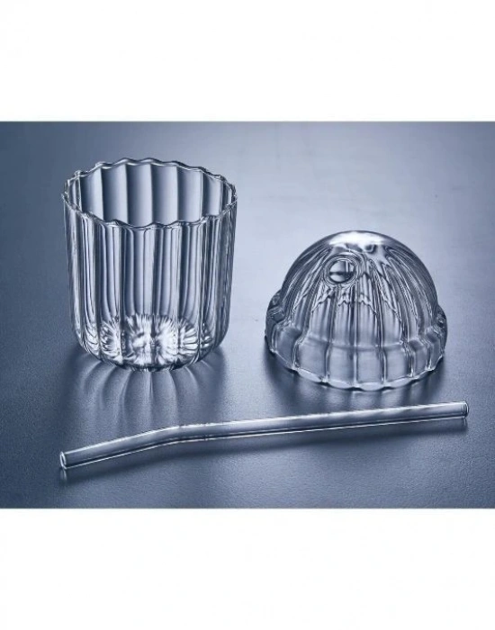 Çizgili Kapakli Pipetli Cam Bardak Kçk